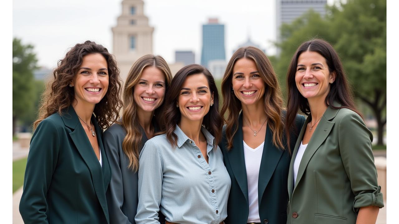 Diverse team of CelestaraVistrion Bloom wellness experts smiling outdoors in front of Texas Capitol building, symbolizing local expertise and community connection.